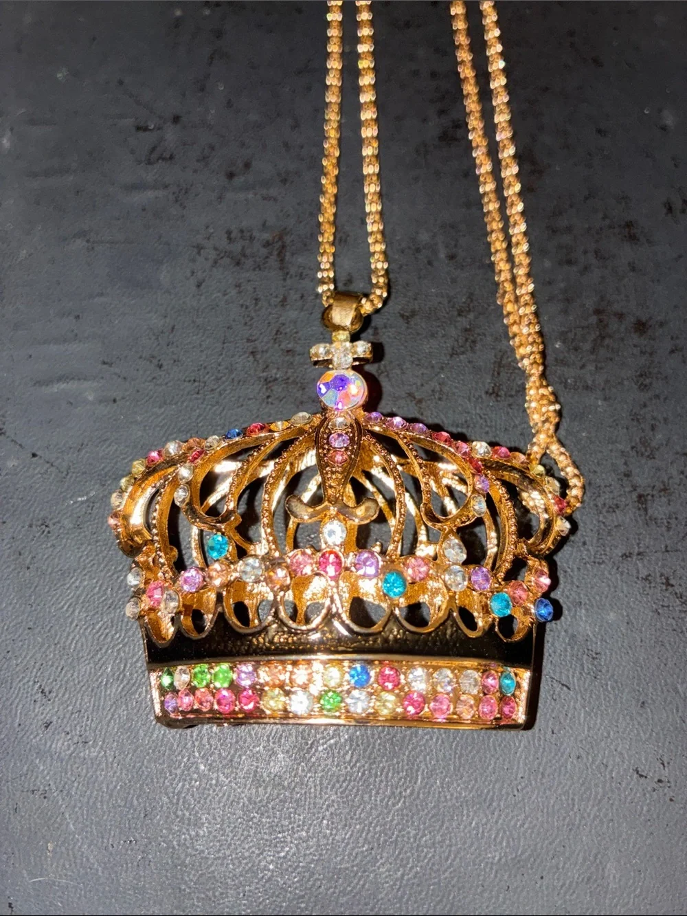 Gold Crown Pendant Necklace with Multicolor Crystals